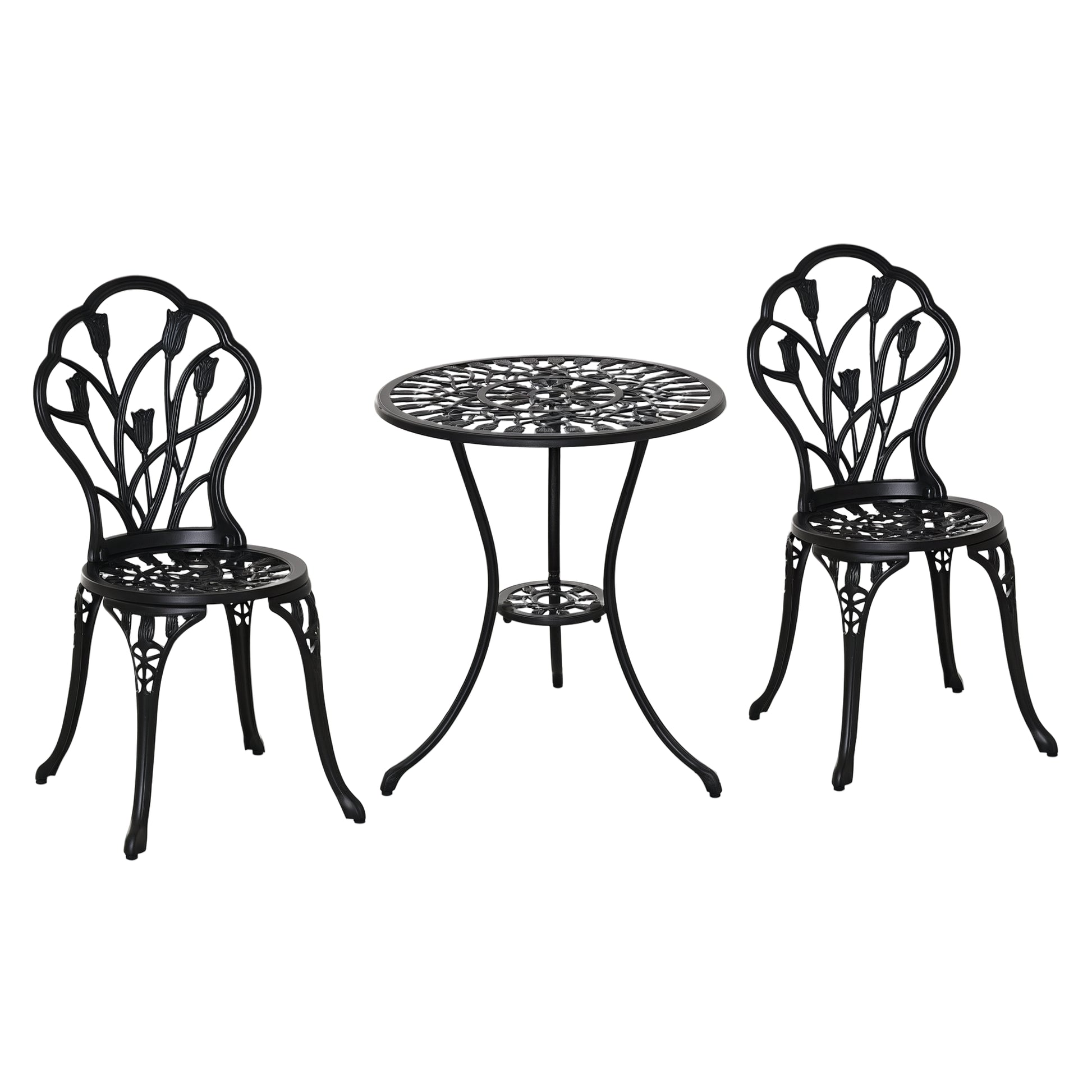 3PCs Patio Bistro Set, Outdoor Cast Aluminum Garden Table and Chairs with Umbrella Hole for Balcony, Black
