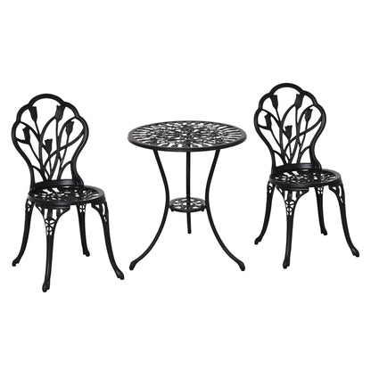 3PCs Patio Bistro Set, Outdoor Cast Aluminum Garden Table and Chairs with Umbrella Hole for Balcony, Black