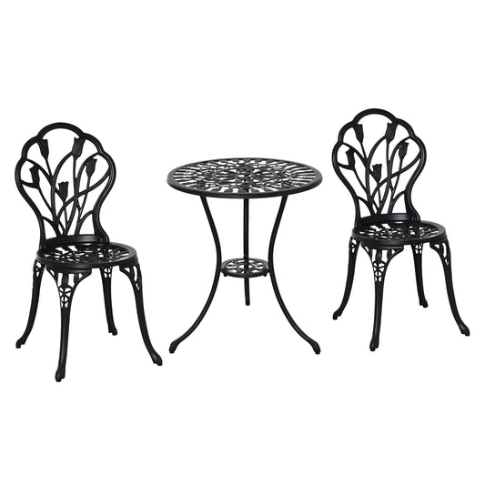 3PCs Patio Bistro Set, Outdoor Cast Aluminum Garden Table and Chairs with Umbrella Hole for Balcony, Black