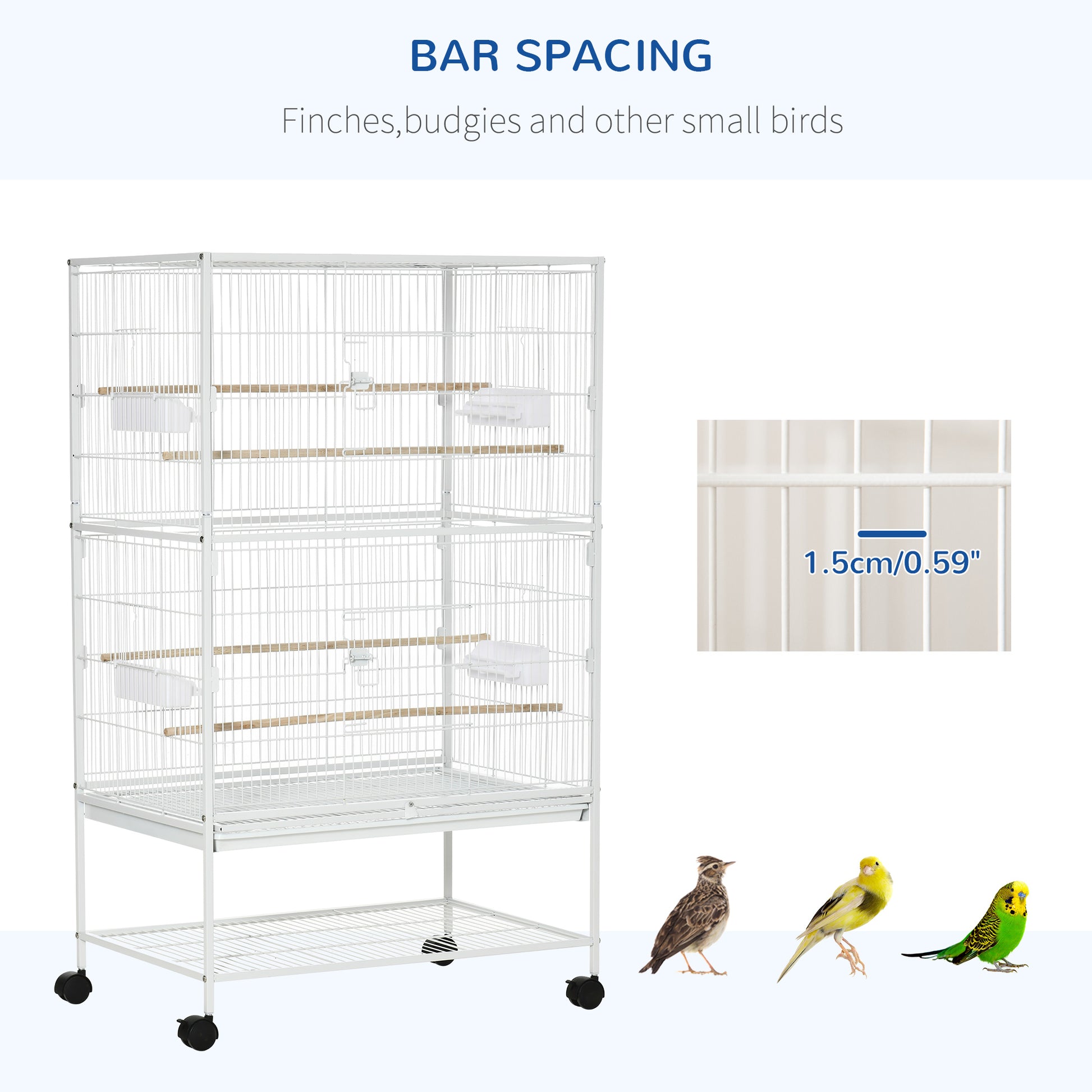 52'' Large Rolling Steel Bird Cage Bird House with Rolling Stand, Storage Shelf, Wood Perch, Food Container, White