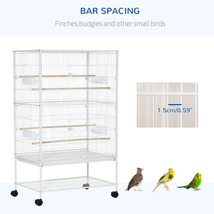 52'' Large Rolling Steel Bird Cage Bird House with Rolling Stand, Storage Shelf, Wood Perch, Food Container, White