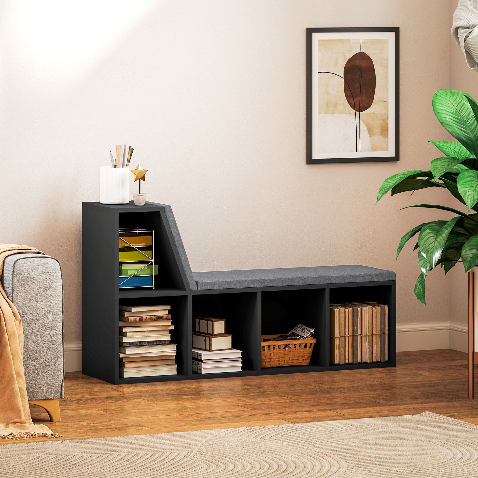 Multi-Purpose Bookshelf with 5 Cubes, 5-Cubby Bookcase with Cushioned Reading Nook and Storage Shelves, Distressed Black