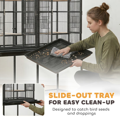 56"H Bird Cage, Parrot Cage w/ Detachable Rolling Stand, Removable Tray, Storage Shelf, Perches, Food Container