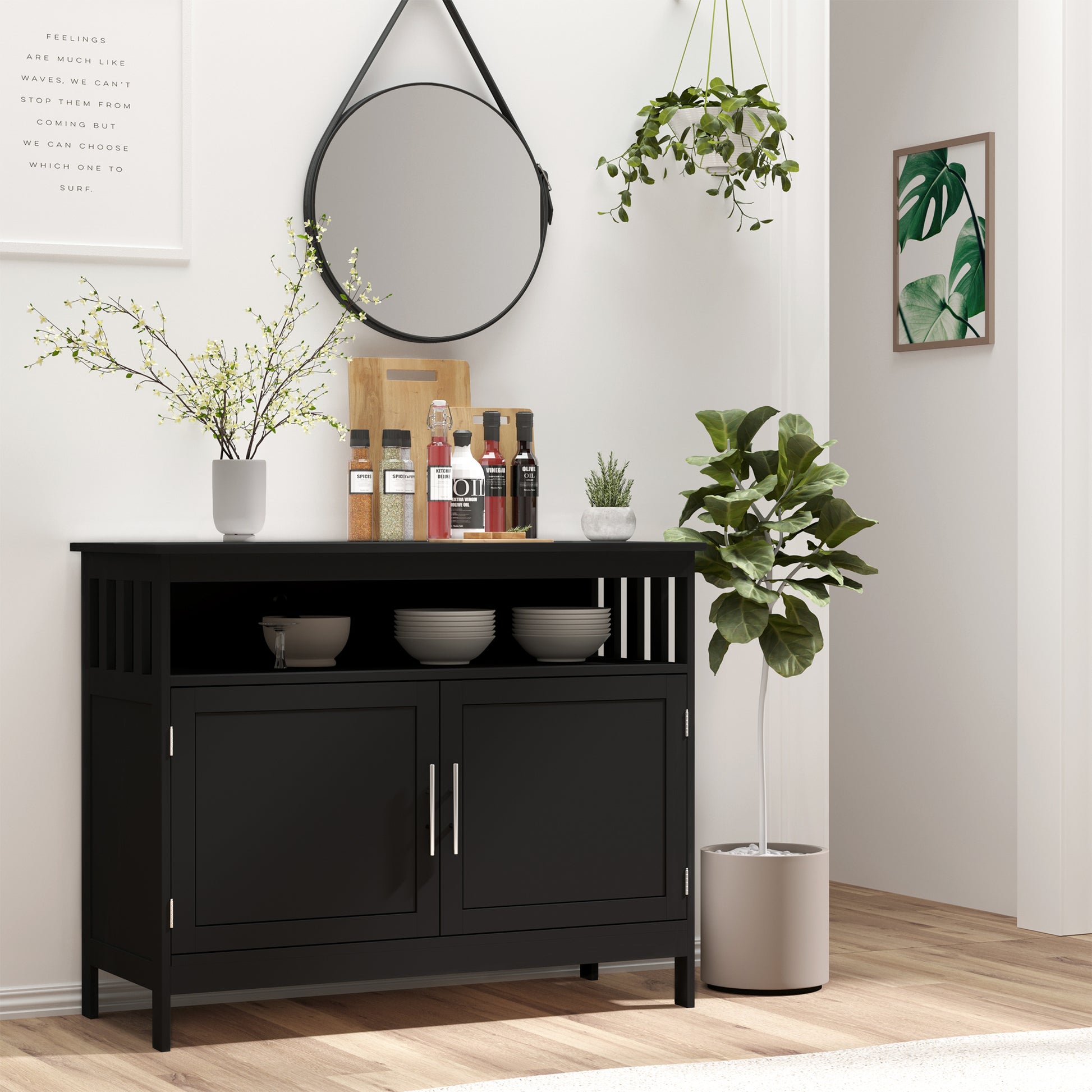 Kitchen Sideboard, Buffet Cabinet, Wooden Storage Console Table with 2-Level Cabinet and Open Shelf, Black