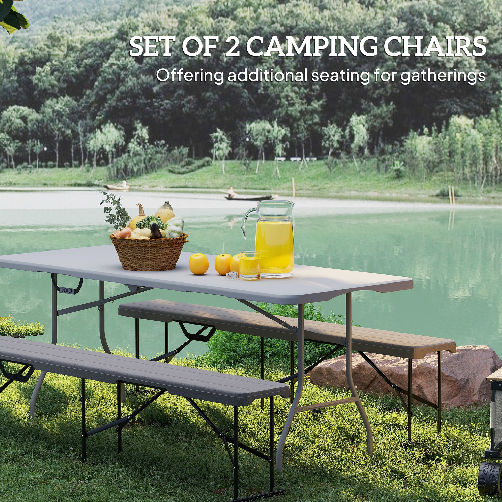 6 ft Plastic Bench Seat, 2 PC Portable Foldable Folding Bench with Carrying Handle for Picnic Camping, Distressed Brown