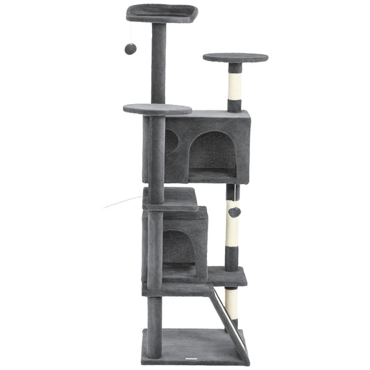 63" Cat Tree, Multi-Level Cat Tower with Scratching Posts, Cat Condos, Bed, Platforms, Ramp, Toy Ball, Dark Grey