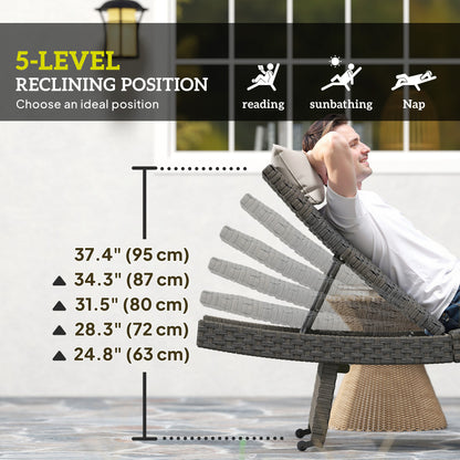 Rattan Folding Outdoor Lounger Chair Recliner with 5-Level Adjustable Backrest, Wheels for Garden, Patio, Mixed Brown
