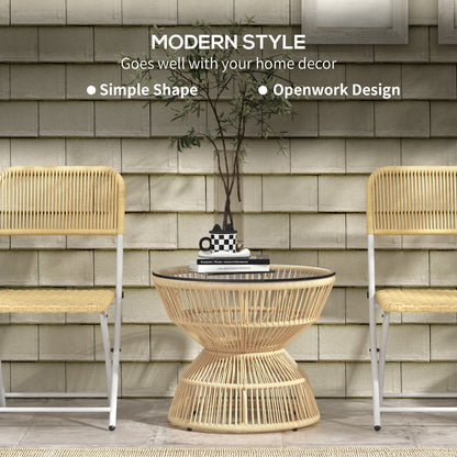 Rattan Outdoor Coffee Table, Patio End Table with Tempered Glass Tabletop & Steel Frame, Wicker Furniture, Nature Wood