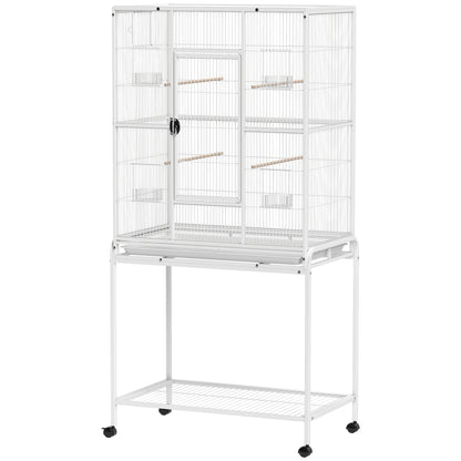 64" Large Rolling Bird Cage Bird House with Detachable Rolling Stand, Storage Shelf, Wood Perch Food Container, White