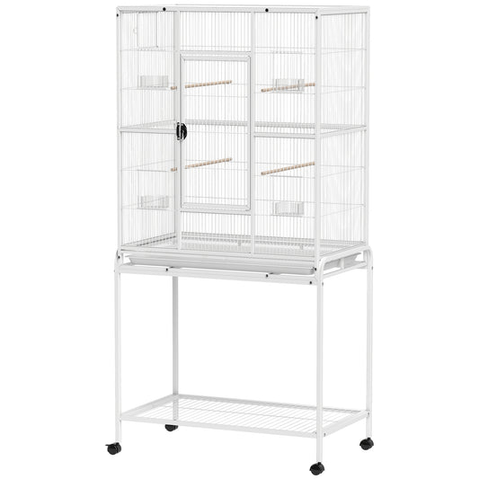 64" Large Rolling Bird Cage Bird House with Detachable Rolling Stand, Storage Shelf, Wood Perch Food Container, White