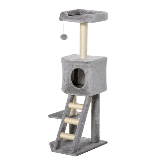 47" Tall Cat Tree Tower with Condo, Ladder, Scratching Posts and Hanging Ball, Light Grey