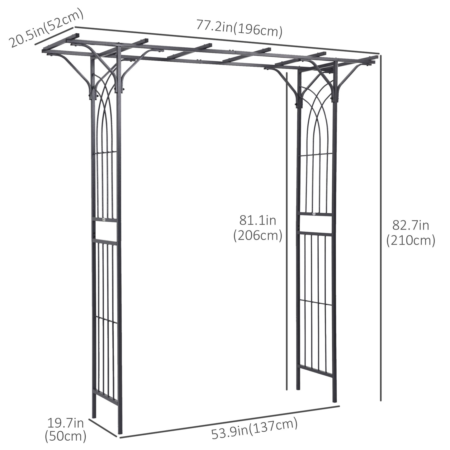 Metal Garden Arch Outdoor Walkway Arbor, 74.75" x 19.75" x 82.75", Dark Grey