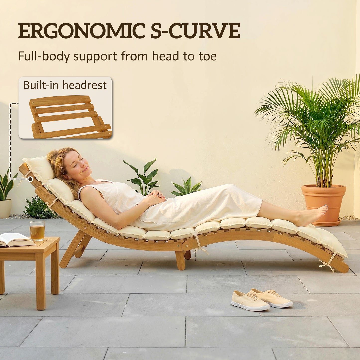Folding Chaise Lounge Chair Outdoor, Acacia Wood Lounger Tanning Chair with Cushion, Headrest, Cream White