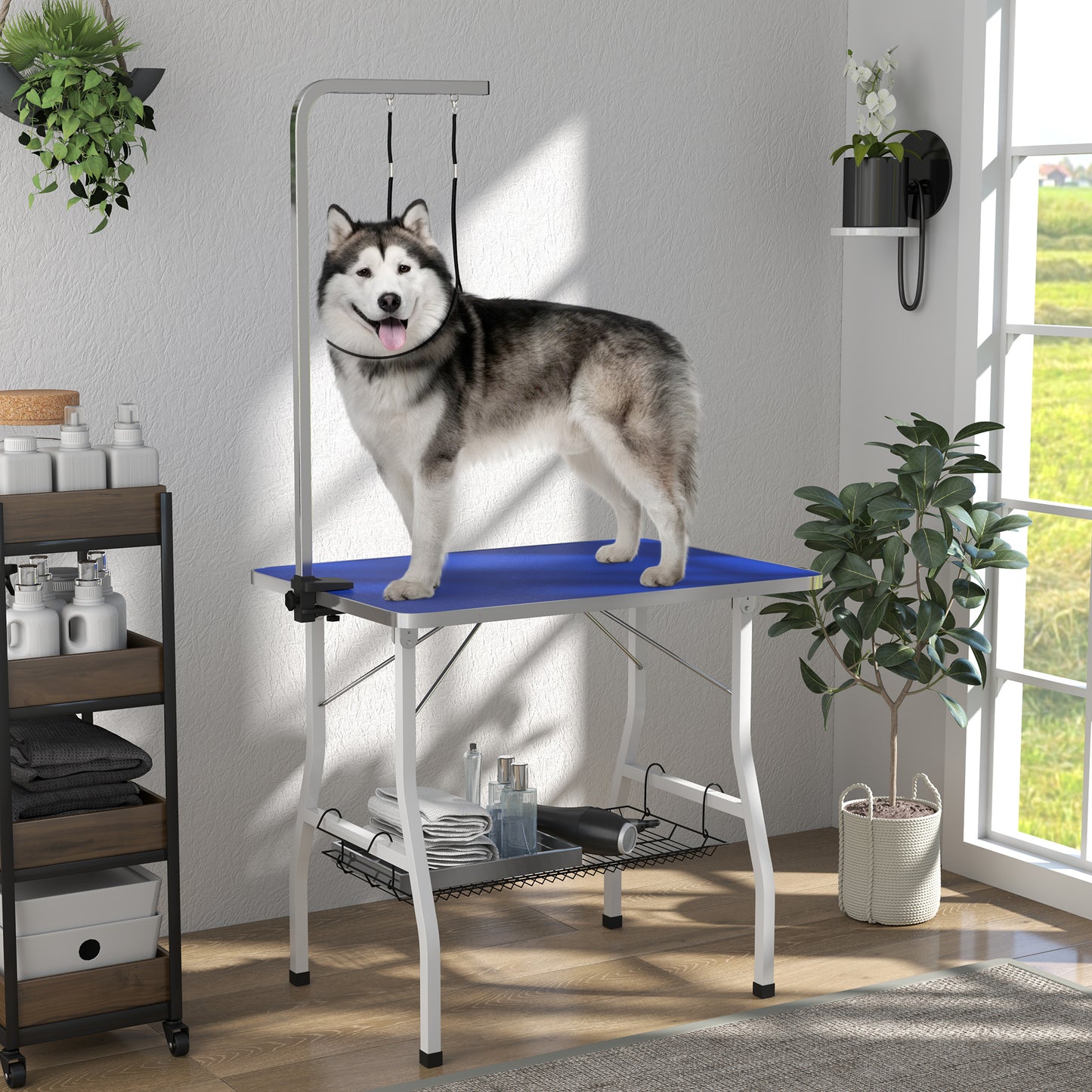 Dog Grooming Table w/ Adjustable Arm, Mesh Tray, Two Nooses, Rubber Surface, 35" x 24" x 61", Blue