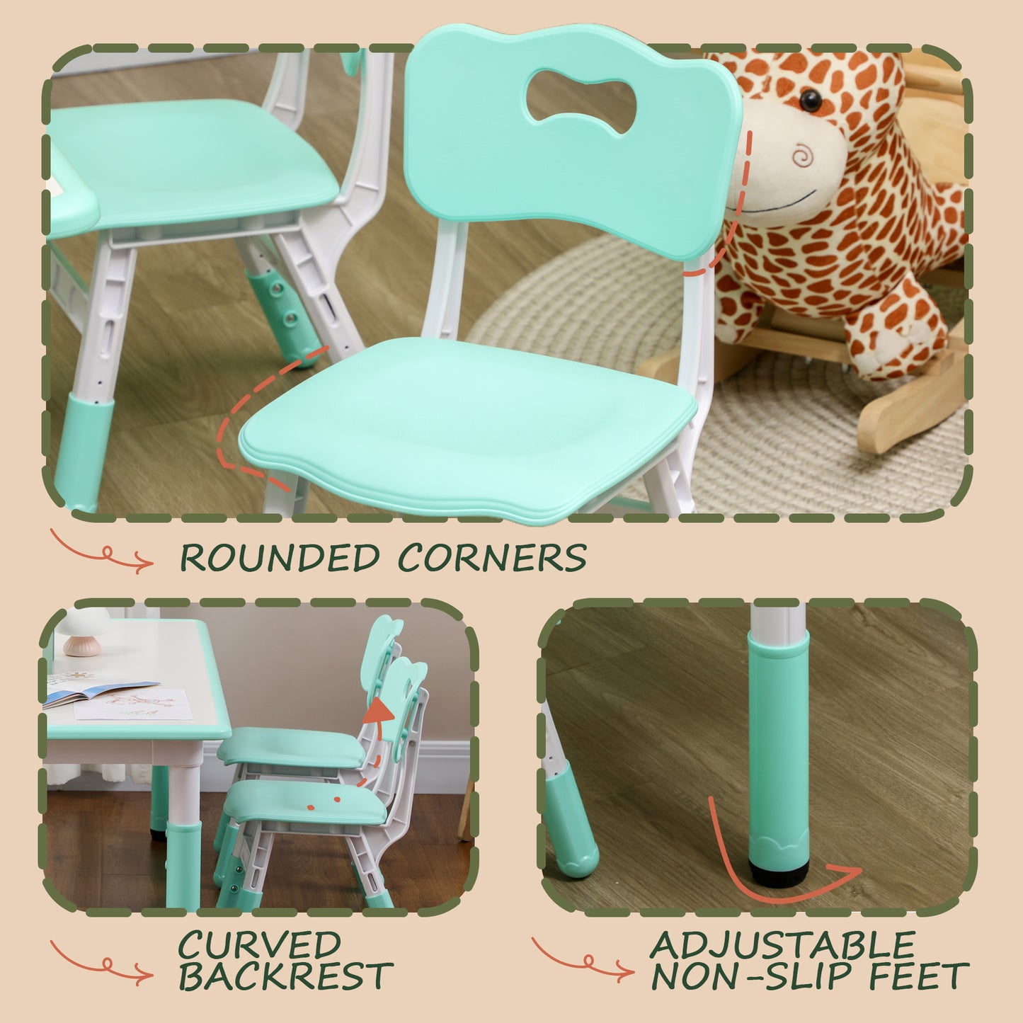 Qaba Kids Table and Chair Set with 4 Chairs, Adjustable Height, Easy to Clean, for 1.5 - 8 Years Old, Green