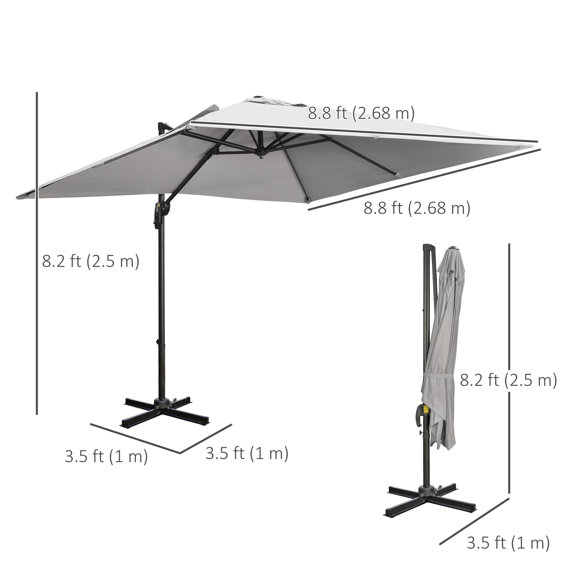 9ft Cantilever Patio Umbrella, Square Overhanging Umbrella with Cross Base, Crank Handle, Tilt Light Grey