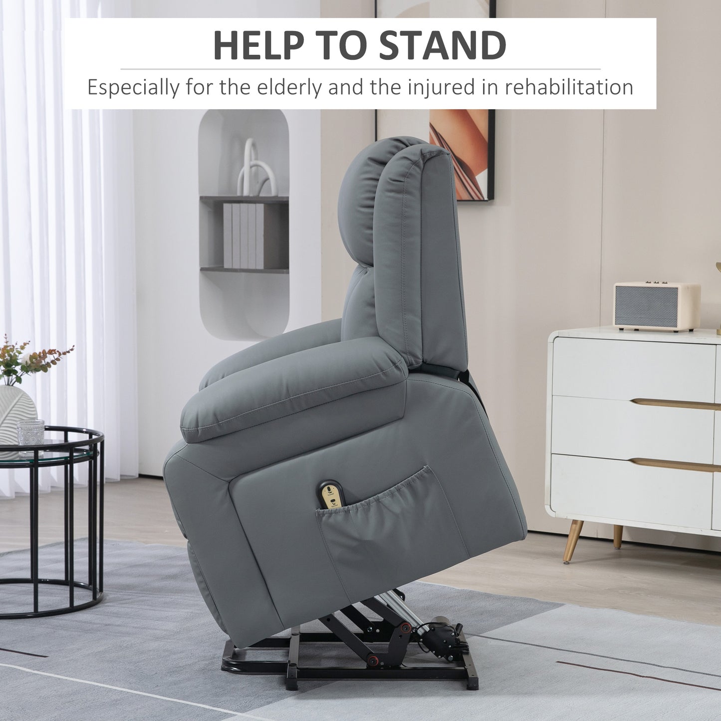 Lift Chair for Seniors, PU Leather Upholstered Electric Recliner Chair with Remote, Side Pockets, Quick Assembly, Grey