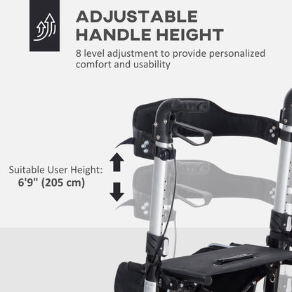 Lightweight Folding Rolling Walker with Large Seat, Back, Adjustable Handle, Bag, Dual Brake, Cane Holder, Black