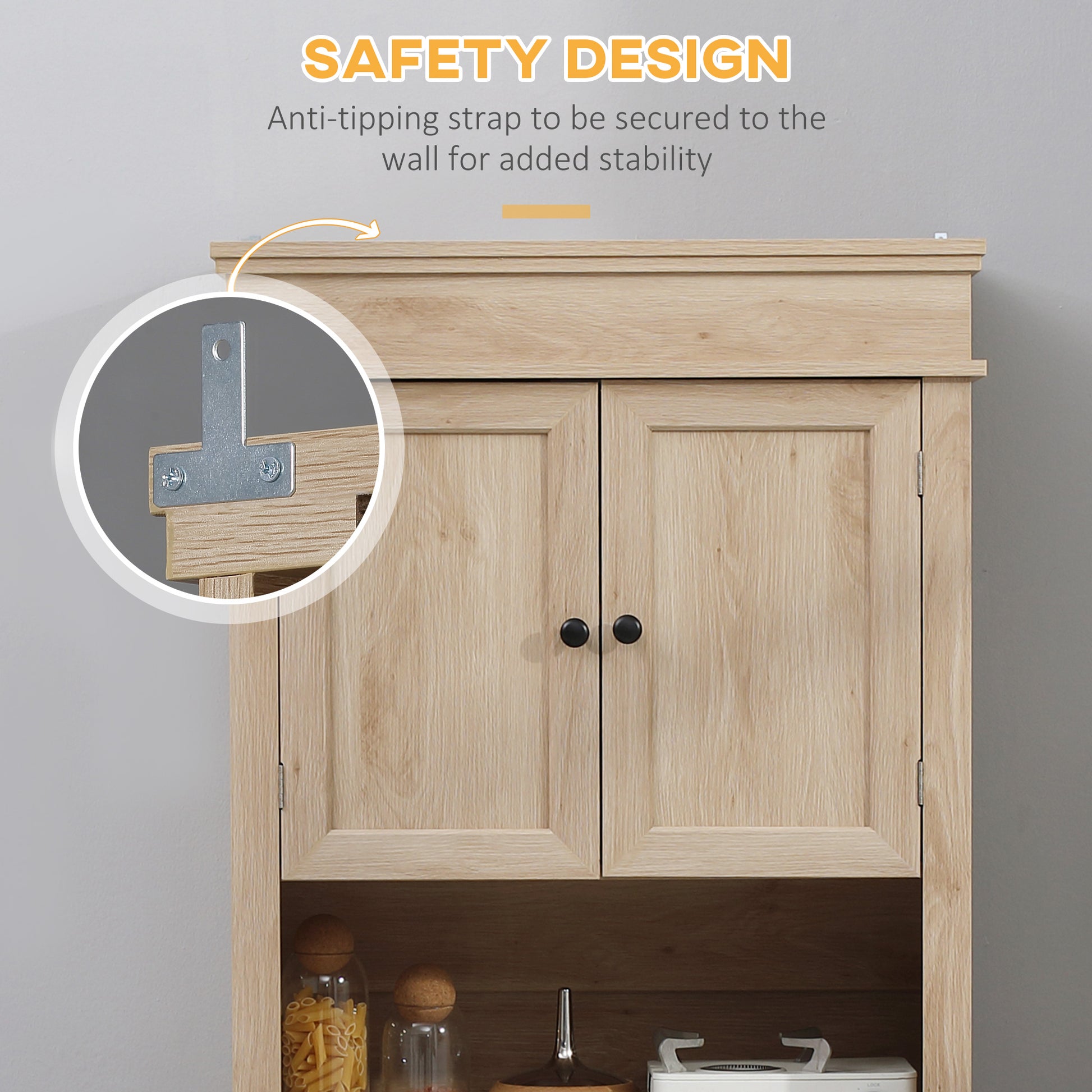 Modern Freestanding Kitchen Pantry Cabinet with Doors Open Shelves Adjustable Shelving Microwave Space, Oak