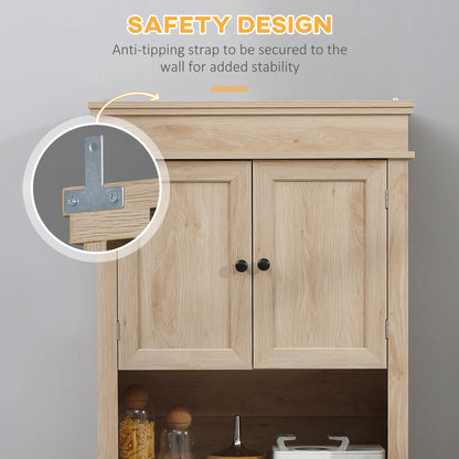 Modern Freestanding Kitchen Pantry Cabinet with Doors Open Shelves Adjustable Shelving Microwave Space, Oak