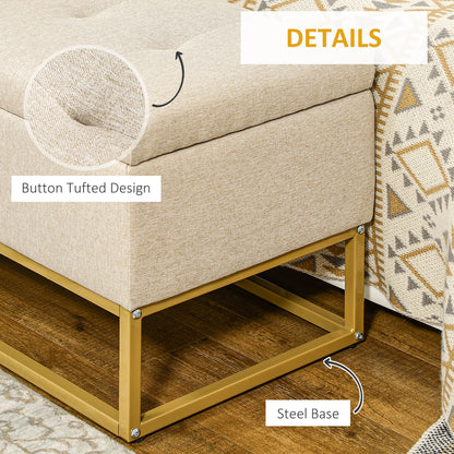 Storage Ottoman with Flip Top, Upholstered Storage Bench, Linen Fabric Footstool with Steel Legs for Living Room, Bedroom, Beige