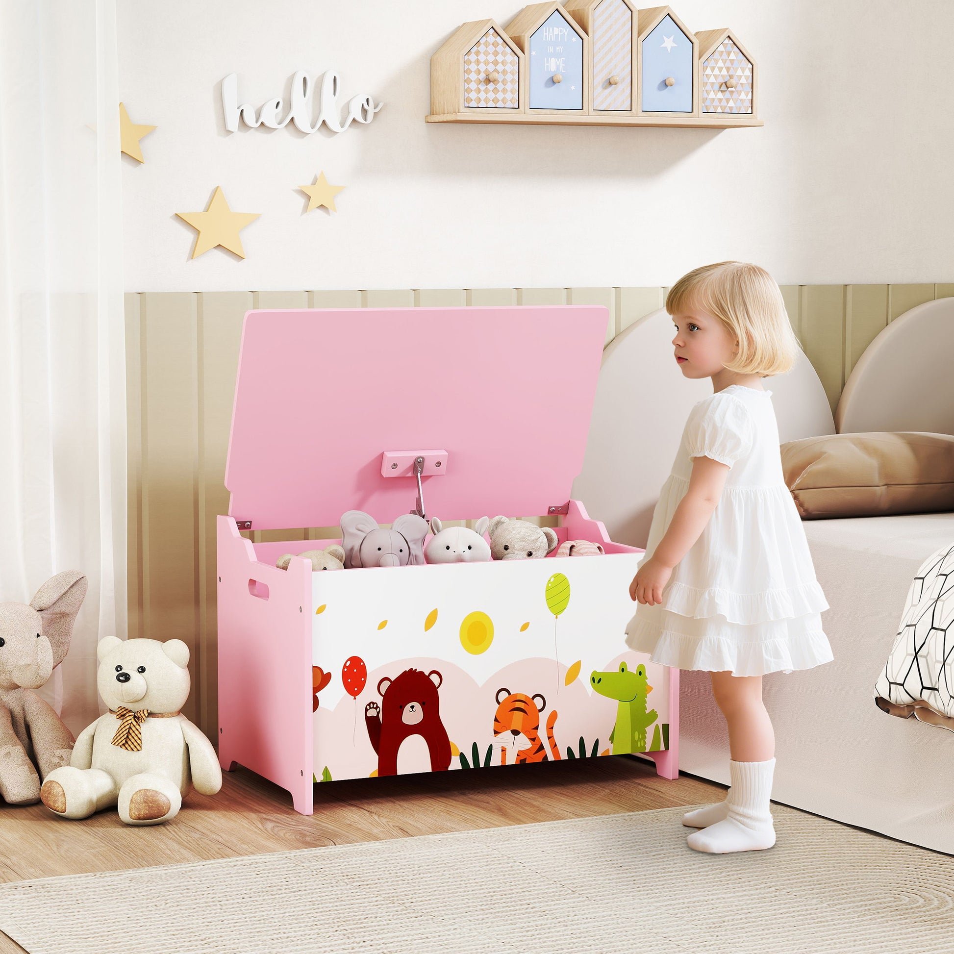 Qaba Kids Storage Chest with Lid, Toy Box Organizer with Safety Hinges for Playroom, Bedroom, Living Room, Pink