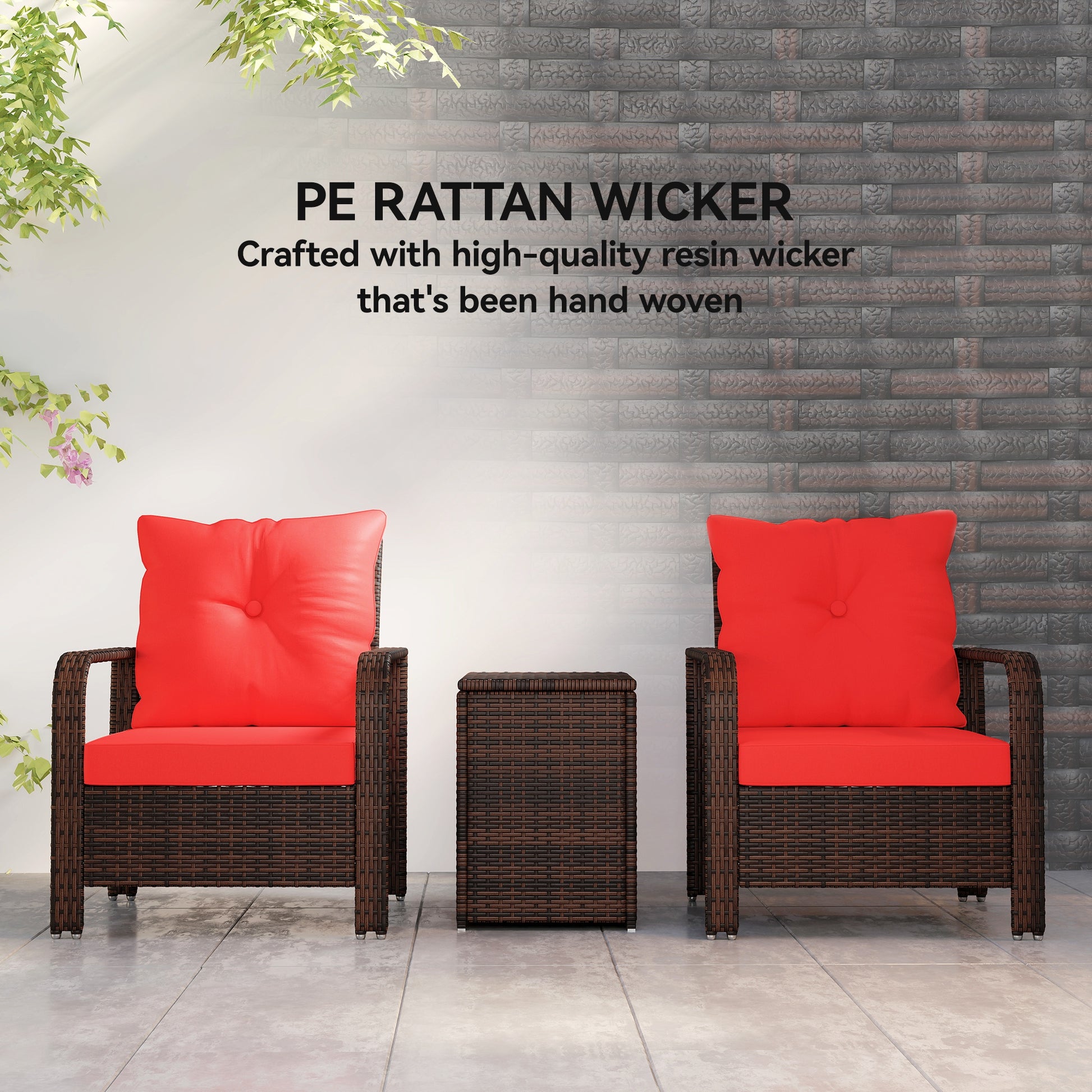 3 Pieces Wicker Patio Furniture Set, Rattan Bistro Set with Storage Coffee Table and Thickened Cushions, Outdoor Conversation Set for Garden, Porch, Balcony, Red