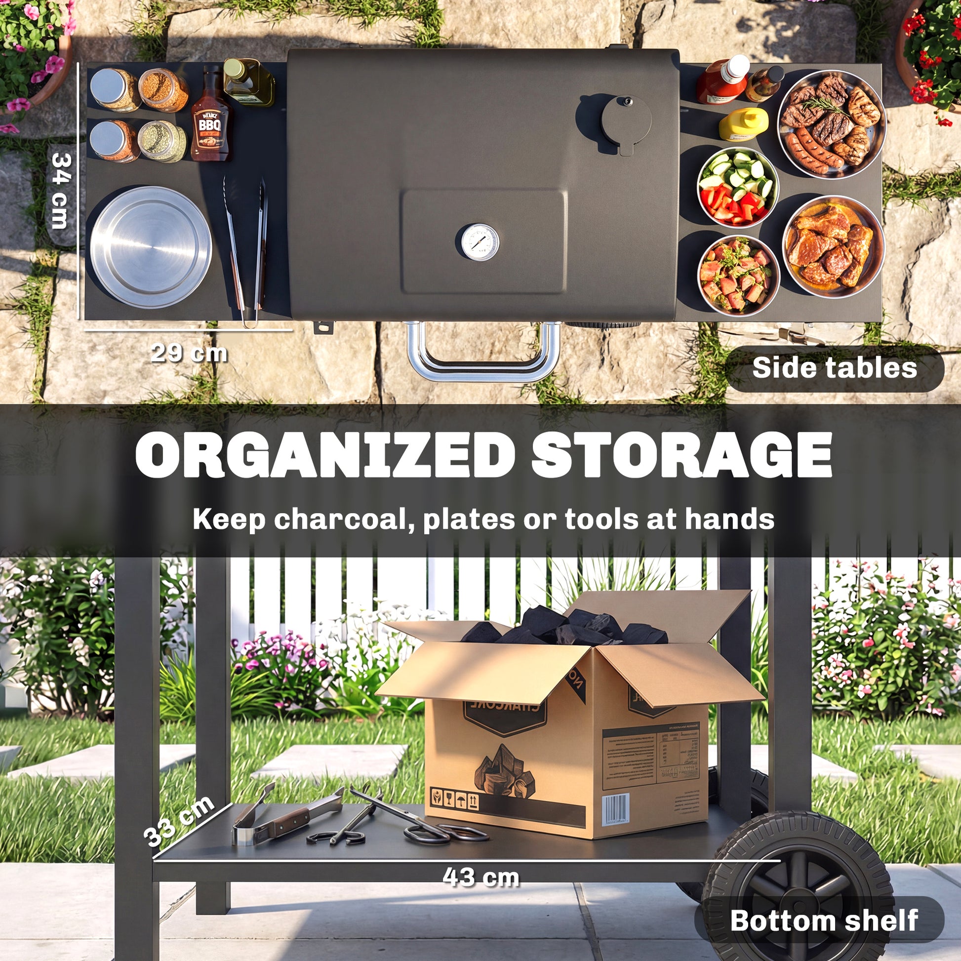 Charcoal Grill with 2 Side Tables, Barbecue Grill with Thermometer and Warming Rack, Wheels, 43.3"x18.3"x39.8", Black