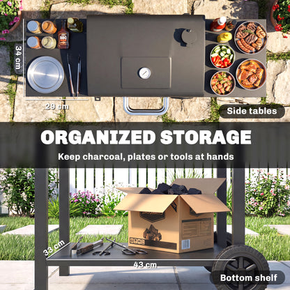 Charcoal Grill with 2 Side Tables, Barbecue Grill with Thermometer and Warming Rack, Wheels, 43.3"x18.3"x39.8", Black