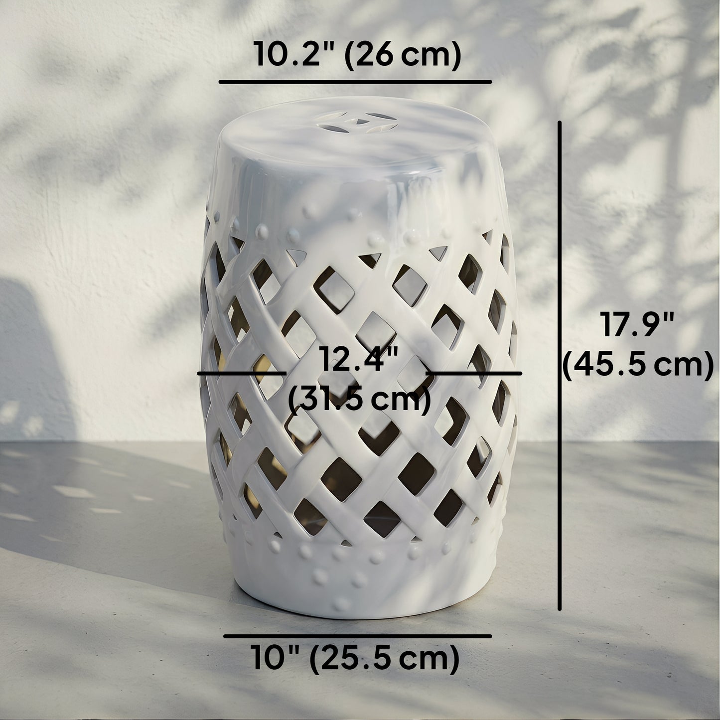 18" Ceramic Garden Stool with Woven Lattice Design, Indoor & Outdoor Decorative Accent Stool, White