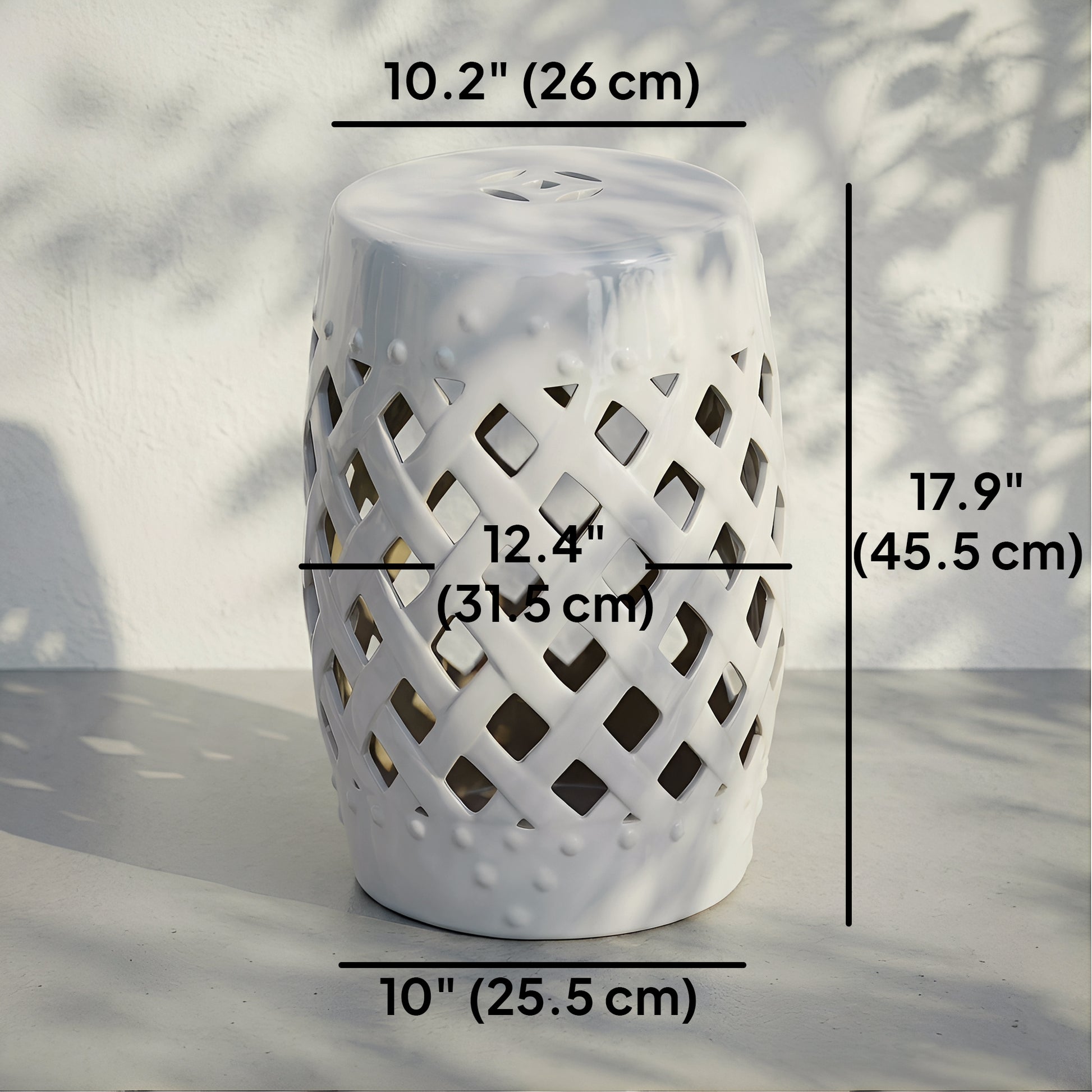 18" Ceramic Garden Stool with Woven Lattice Design, Indoor & Outdoor Decorative Accent Stool, White
