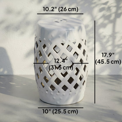 18" Ceramic Garden Stool with Woven Lattice Design, Indoor & Outdoor Decorative Accent Stool, White