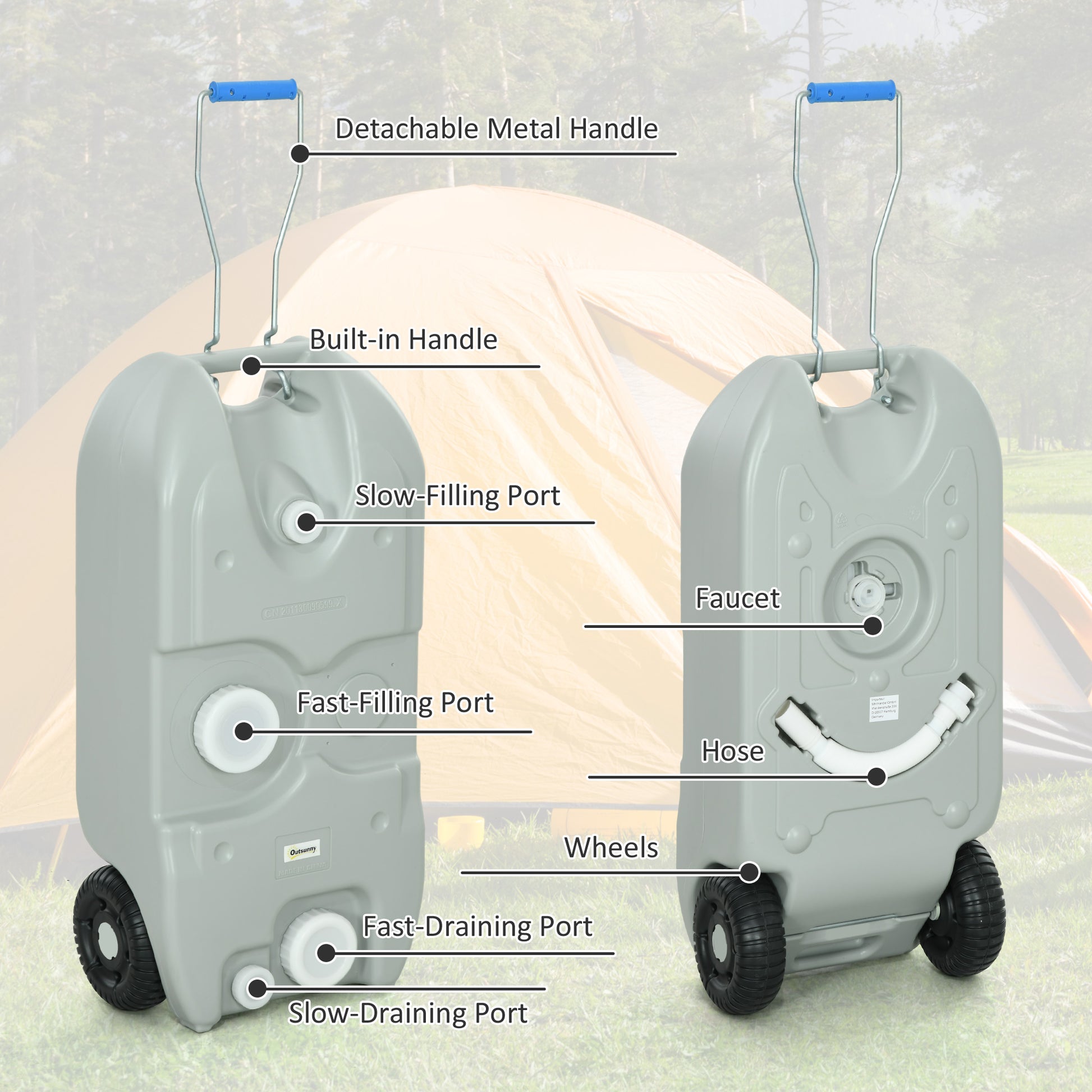 10.6 Gallon Portable RV Water Tank, Black or Grey Water Storage Tank, with Filling Ports, Handles and Wheels
