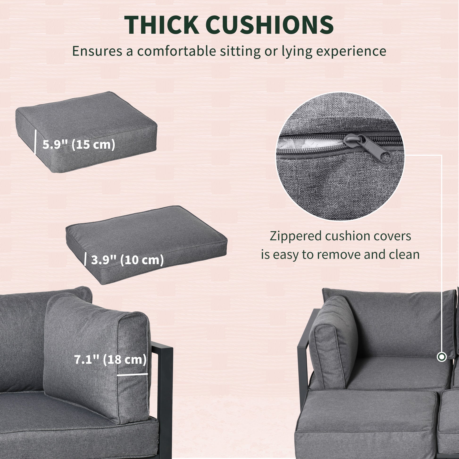 6 Pieces Patio Furniture Set, Space-Saving Sectional Outdoor Daybed with Aluminum Frame and Thickened Cushions, Grey