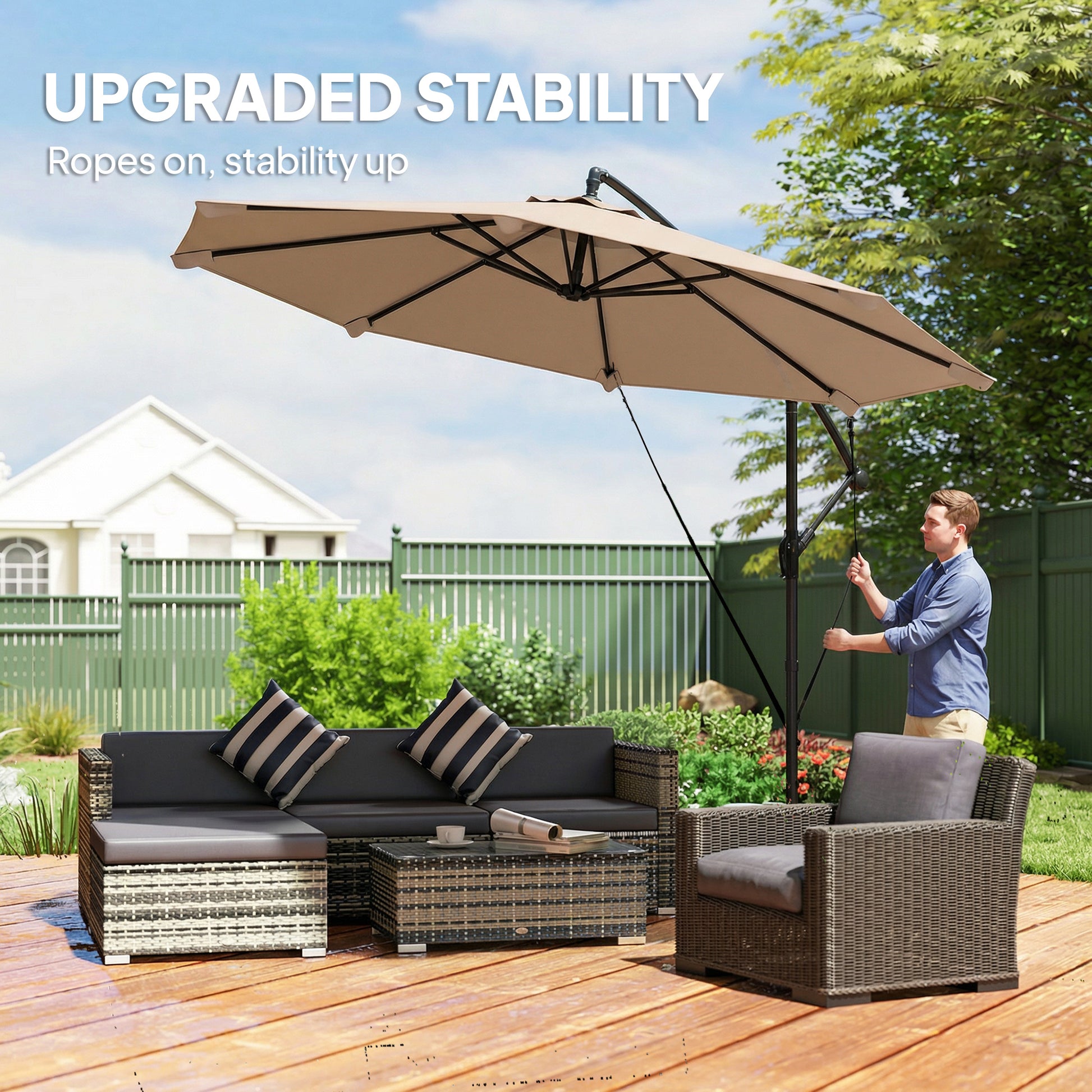 10FT Cantilever Patio Umbrella with 8 Ribs, Offset Patio Umbrella with Cover and Wind Ropes for Garden, Yard, Khaki
