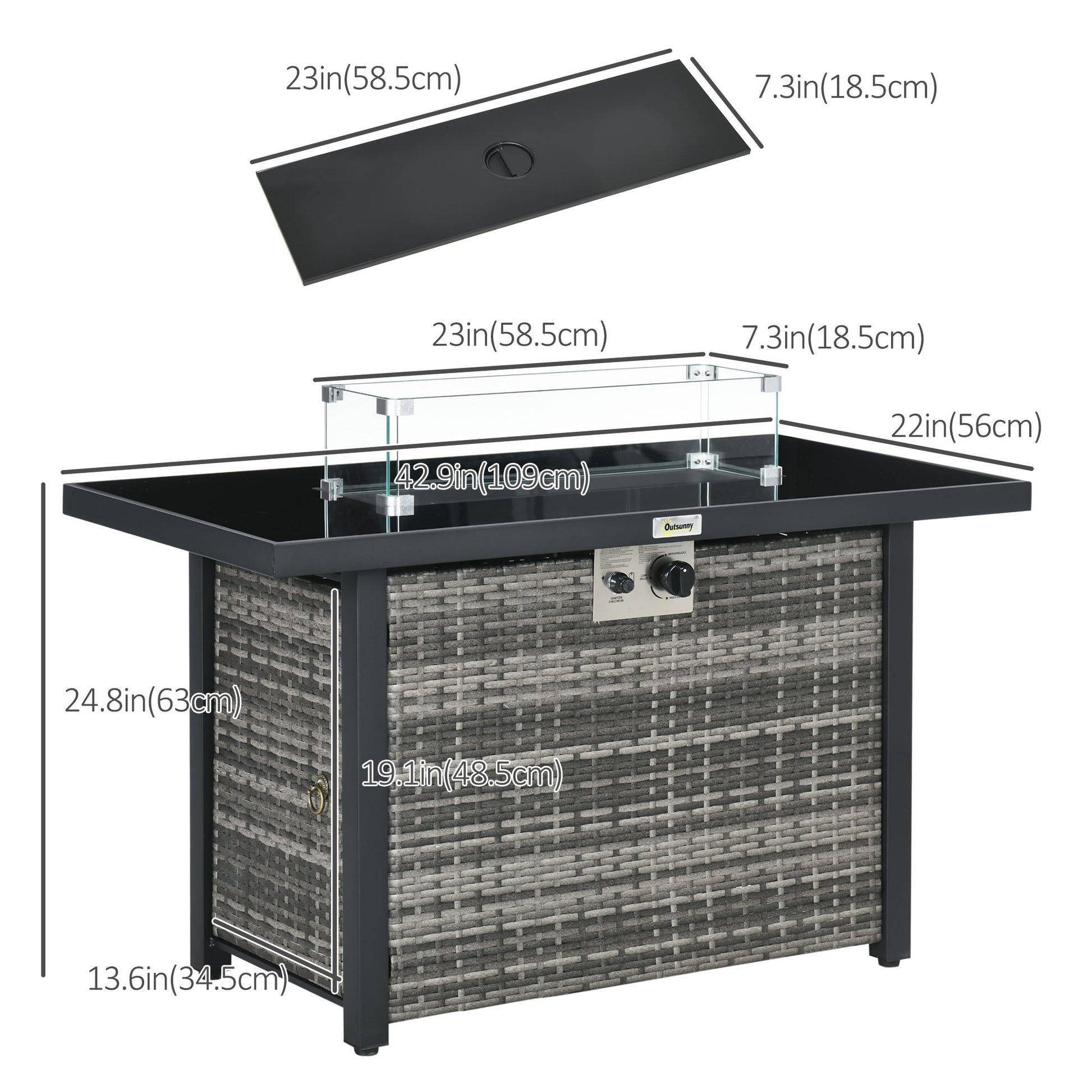 Propane Fire Pit Table 43" Outdoor Fire Table, 50,000 BTU Pulse-Ignition Wicker Firepit Furniture with Glass Wind Guard, Blue Glass Rock, CSA Certification, Grey