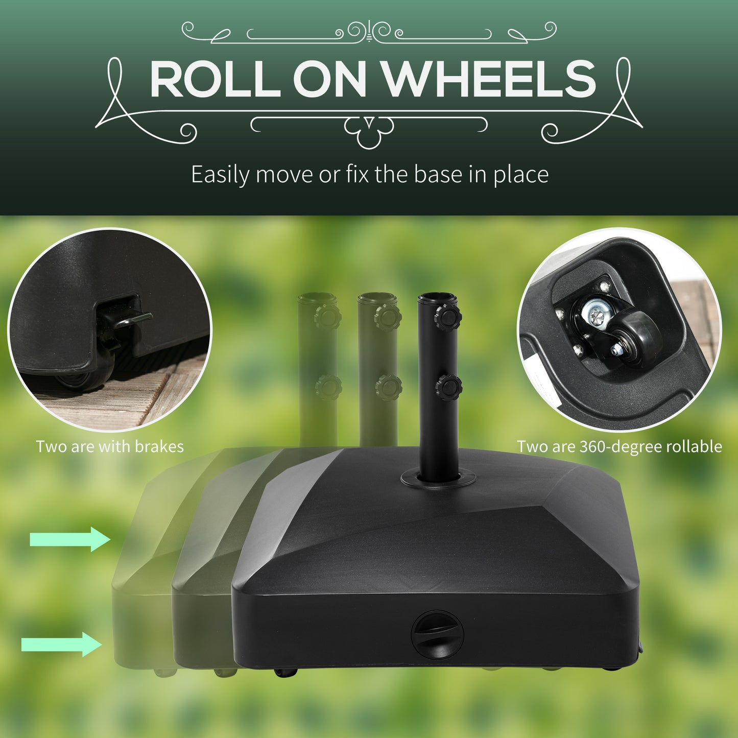 Filled Patio Umbrella Base with Wheels, 132 lb Heavy Duty Market Umbrella Stand for Outdoor, Garden, Backyard, Black