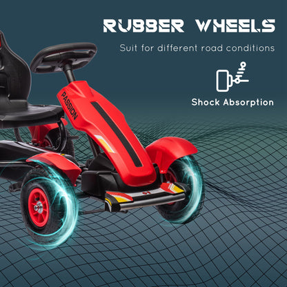 Aosom Pedal Go Kart for Kids, Pedal Car with Adjustable Bucket, Handbrake, 4 Rubber Wheels Powered Ride, Red