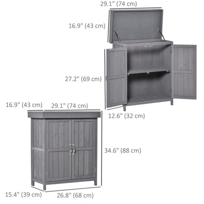 Wooden Garden Tool Storage Shed Kit with Hinged Roof, 2-Tier Shelves and Double Doors, 74x43x88cm, Dark Grey