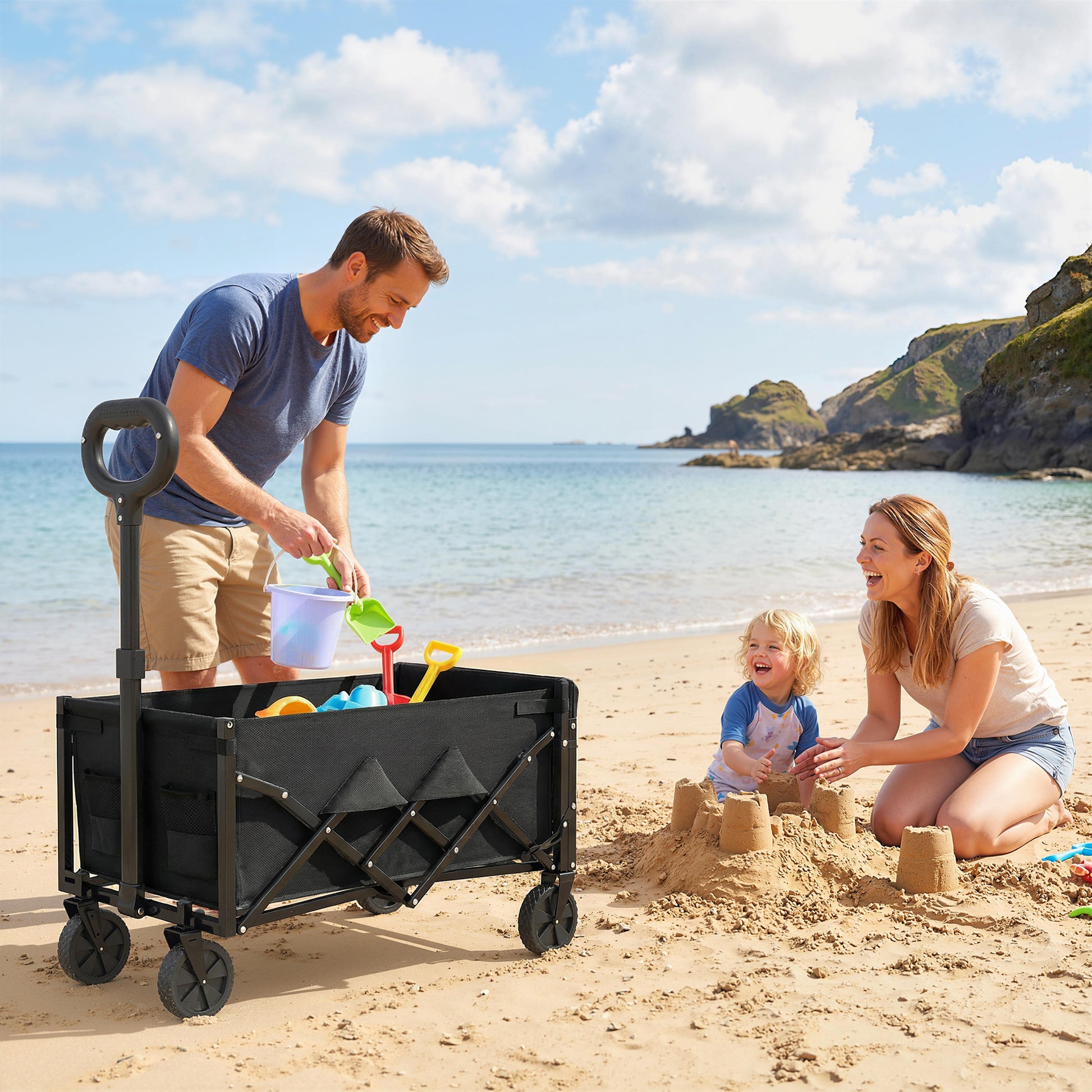 16 Gallon Folding Wagon Cart with Wheels, Heavy-Duty Collapsible Wagon with Drop-Down Tailgate, Black