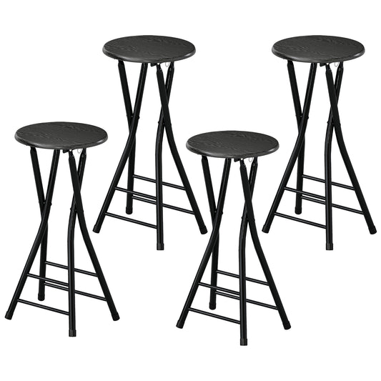 Set of 4 Foldable Barstools, Counter Height Bar Stools with Footrest and Steel Legs for Kitchen Island, Black