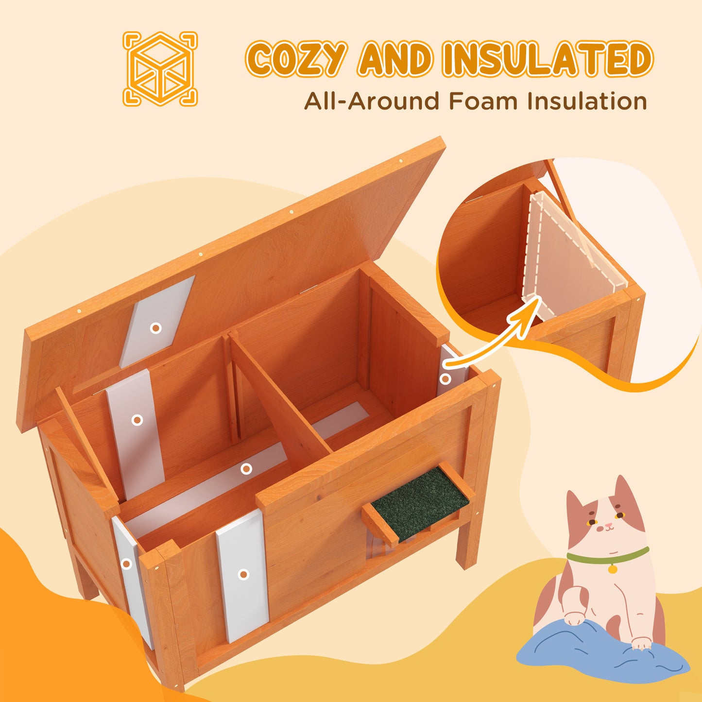 Outdoor Insulated Cat House with Asphalt Roof, Removable Floor, for Cats, Small Animals