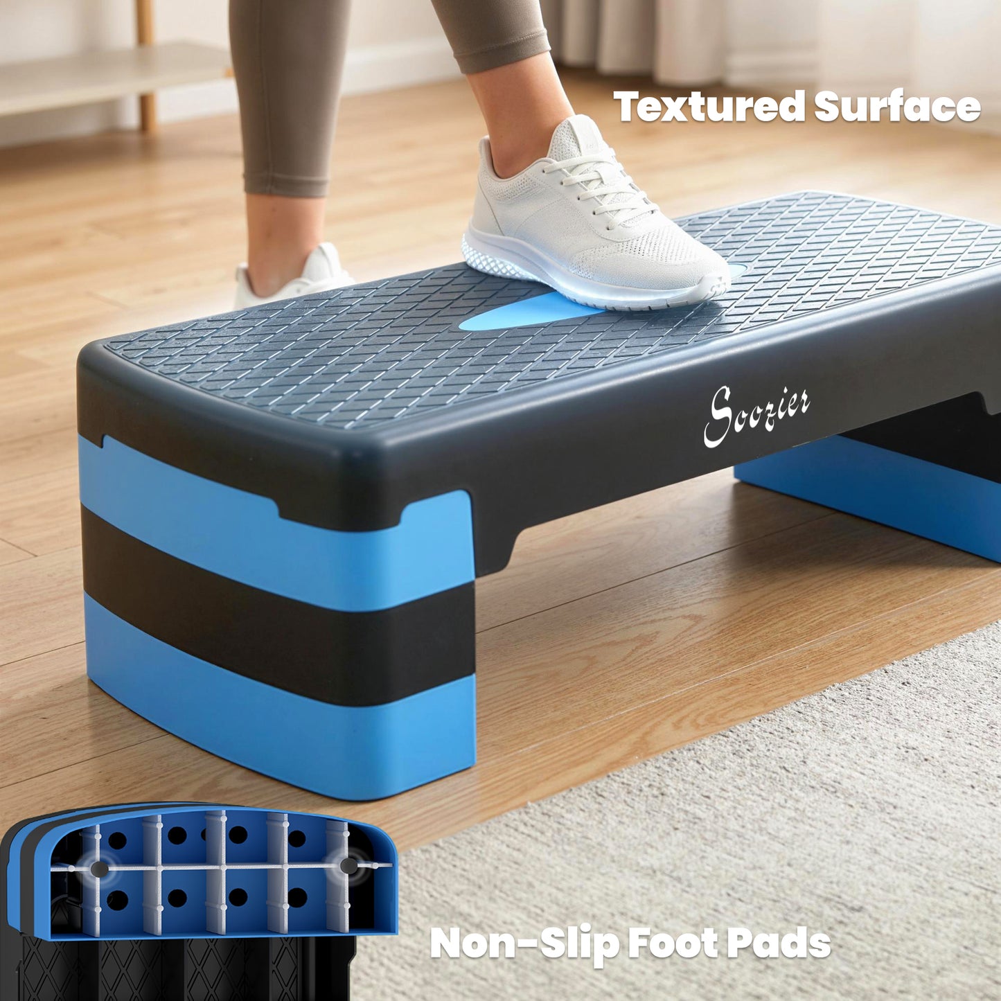 Soozier Aerobic Exercise Step Platform, 4"/6"/8" Adjustable Aerobic Stepper with Risers, Workout Stepper for Home Gym, Blue