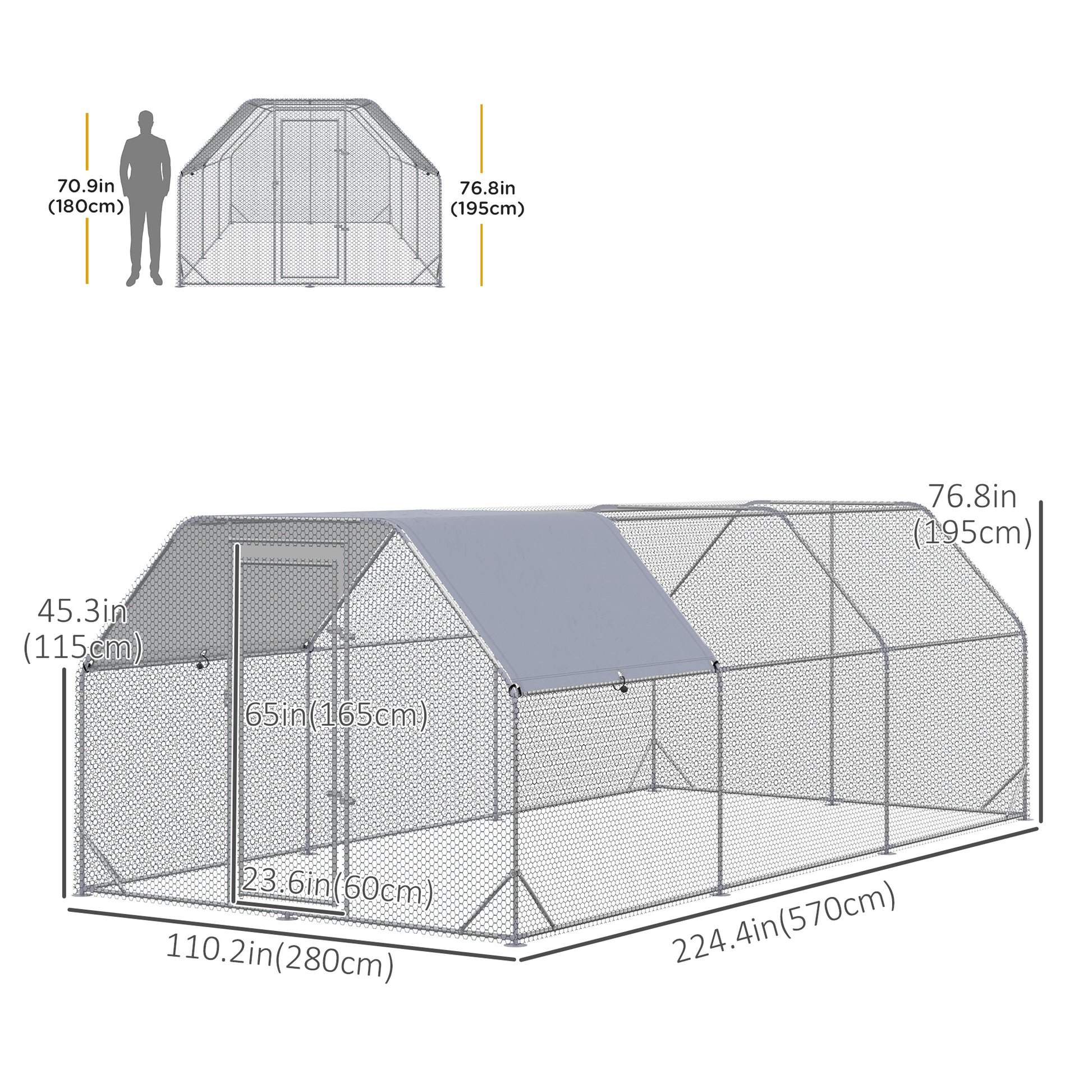 Chicken Run, Galvanized Large Metal Chicken Coop Cage, Walk-in Enclosure Poultry Hen Run House Playpen Rabbit Hutch with Flat Roof, Cover, 9.2' x 18.7' x 6.5', Silver