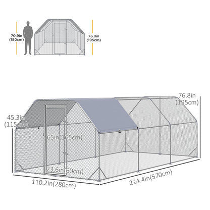 Chicken Run, Galvanized Large Metal Chicken Coop Cage, Walk-in Enclosure Poultry Hen Run House Playpen Rabbit Hutch with Flat Roof, Cover, 9.2' x 18.7' x 6.5', Silver