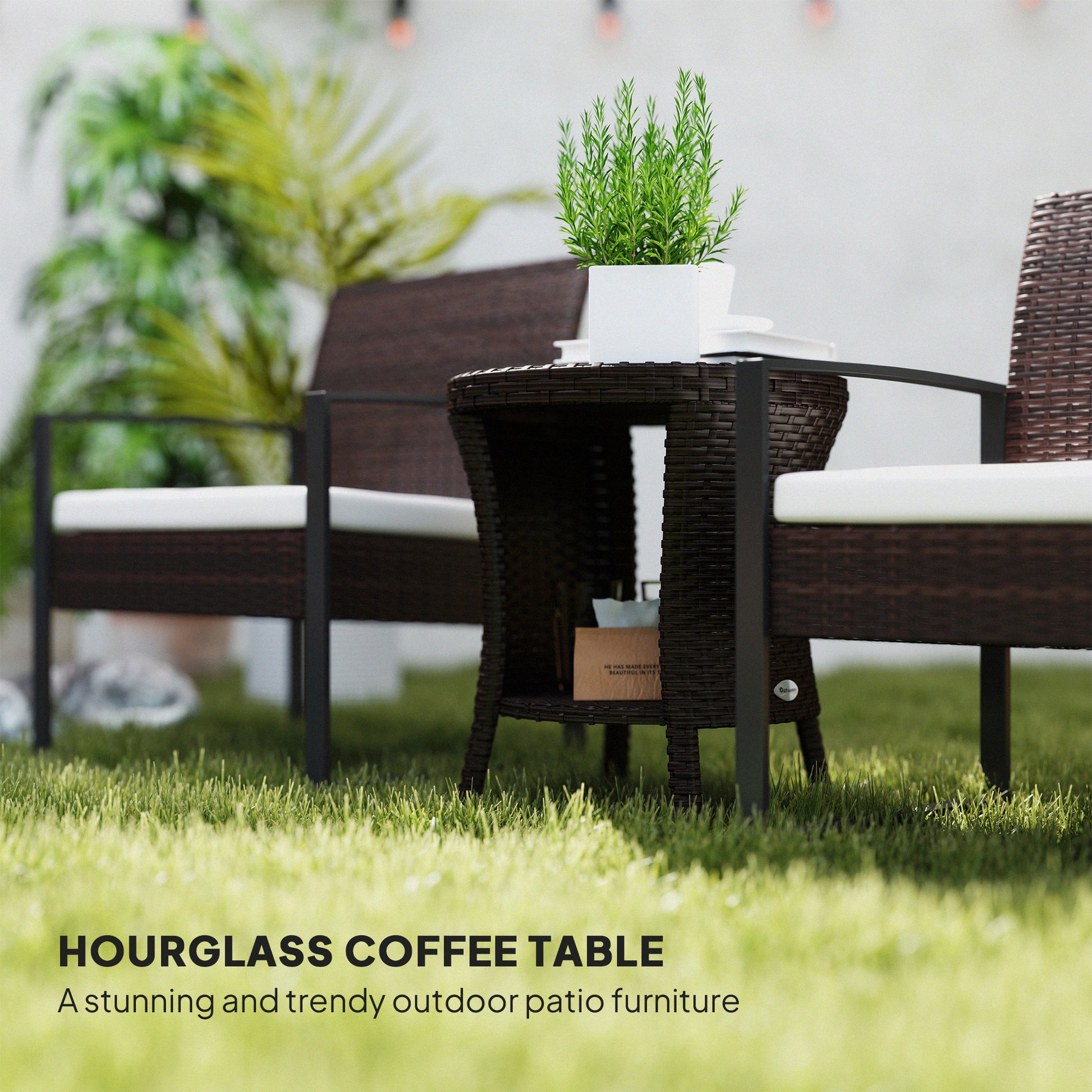 18" Wicker Outdoor Coffee Table, PE Rattan Patio Side Table with 2-Tier Storage, Composite Wood Top, Brown