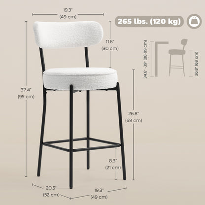 Set of 2 Barstools, Upholstered Bar Stools with Backrest, Footrest for Kitchen Island, Dining Room, Cream White