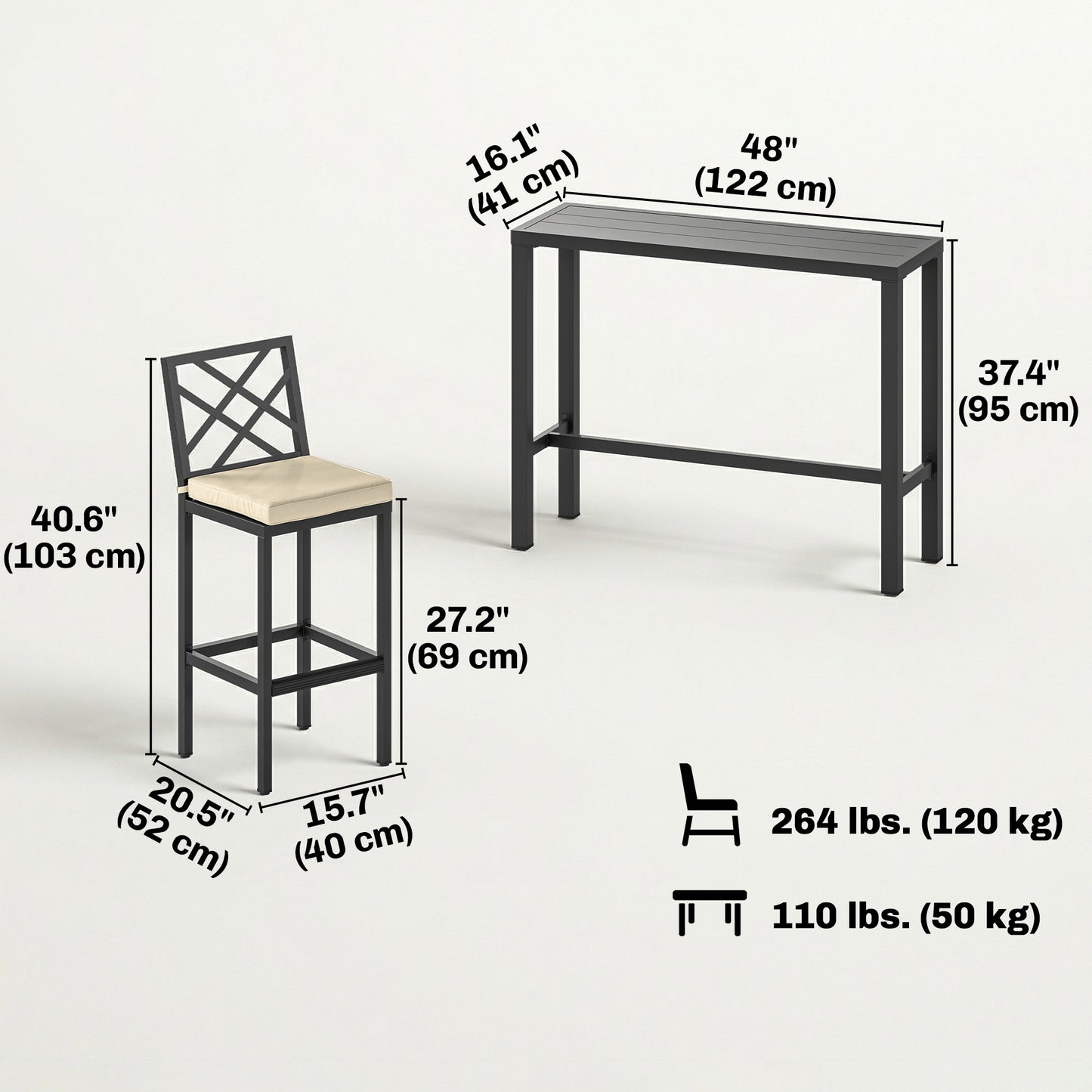 3 Piece Patio Bar Set, Outdoor Bar Table and Stools, Electrophoresis Steel Tabletop, X Back, Footrest, Cushions, Khaki