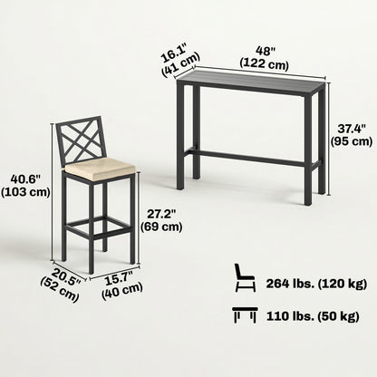 3 Piece Patio Bar Set, Outdoor Bar Table and Stools, Electrophoresis Steel Tabletop, X Back, Footrest, Cushions, Khaki