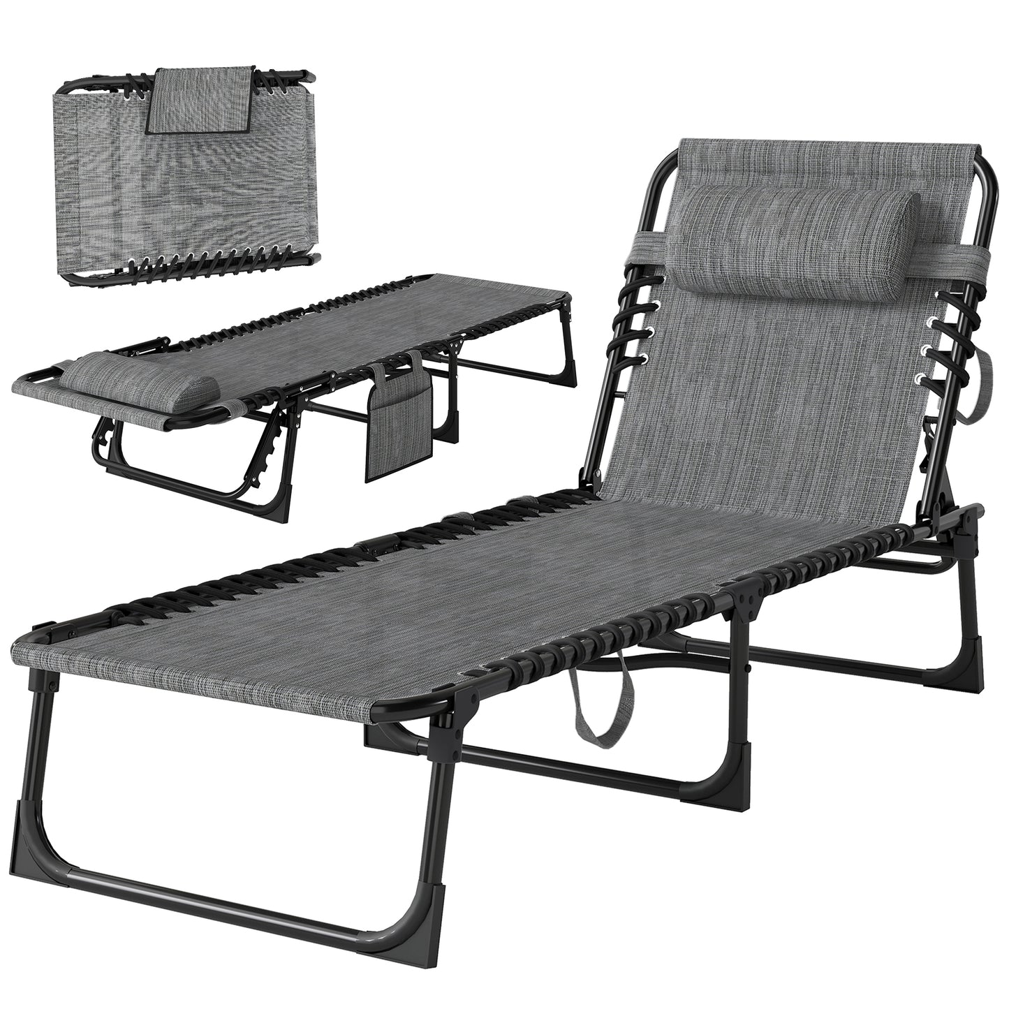Outdoor Folding Chaise Lounge, Reclining Lounge Chair with Adjustable Backrest and Removable Pillow, Mixed Grey